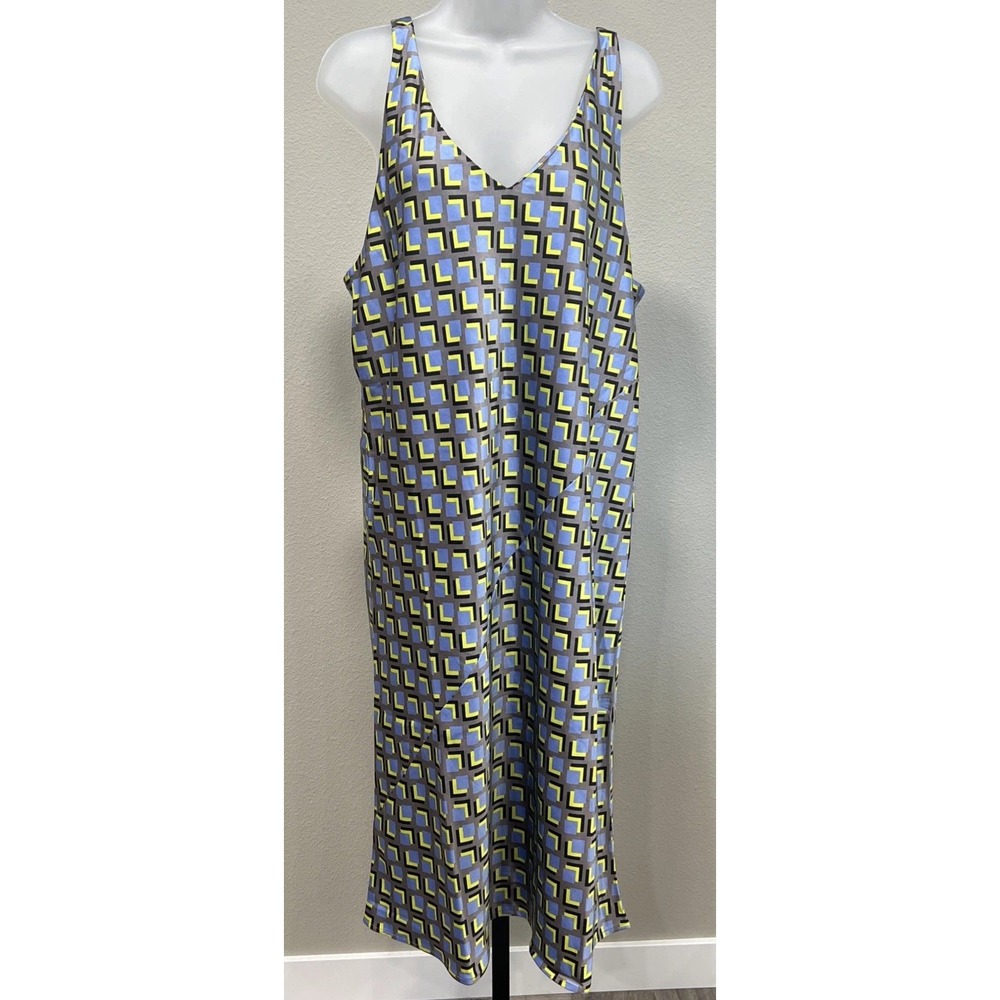 Wildfang Womens Geometric Print V-Neck Sleeveless Satin Slip Midi Dress Blue S